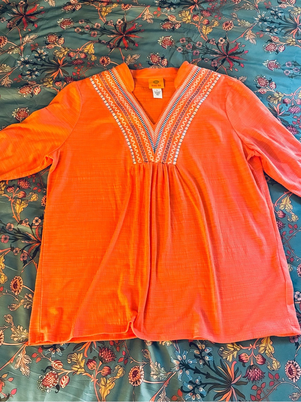 Ruby Rd. Bright Orange Embroidered V-Neck Tunic